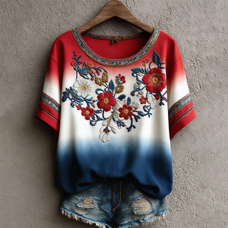  Women's Independence Day Floral Embroidered Ombre Print T-shirt Westsshops