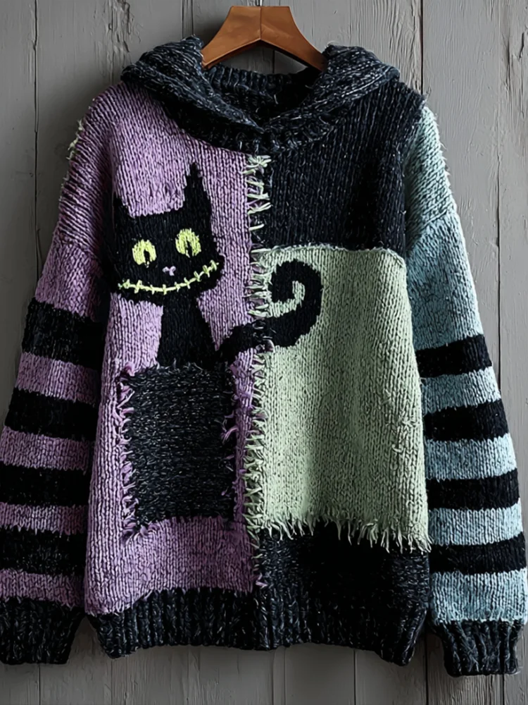 Halloween Pocket Black Cat Patchwork Color Hooded Sweater
