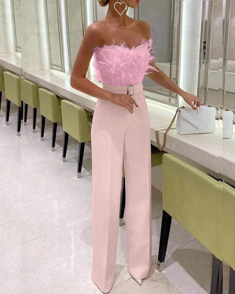 Rowangirl Fashion Feather Sexy Off Shoulder Sleeveless Slim Jumpsuit