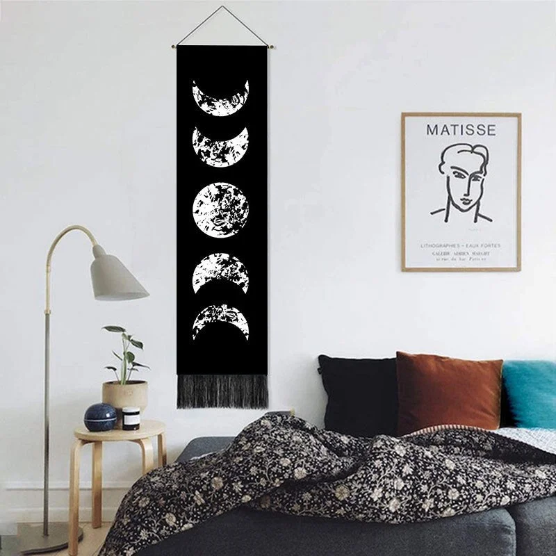 Home Sun Moon Scroll Drawing Decor Macrame Tassel Hand-Woven Wall Hanging Tapestry Tarot Bedroom Art Background Cloth Tapesry