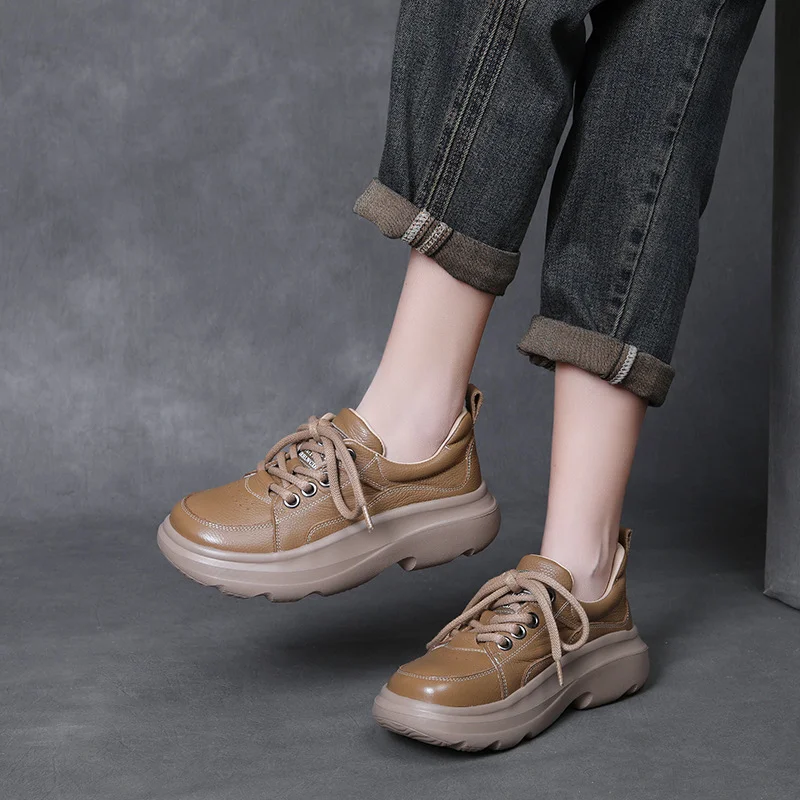 Yyvonne Layer Cowhed Thick Sole Casual Single Shoe Women 2025 Spring New Soft Bottom Round Head Tie Comfortable Women Shoes