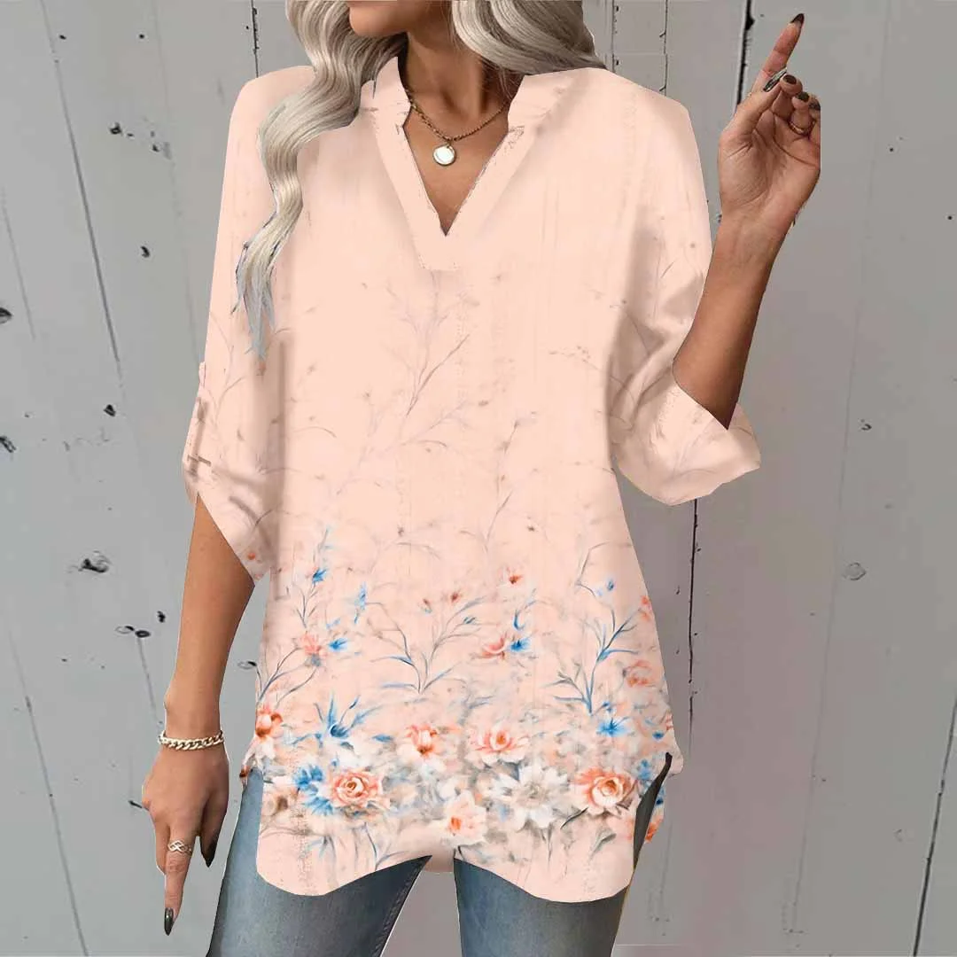 Women Floral,Pink,Ladynora DZGA0020 3/4 Sleeve V-neck Printed Graphic Button Tops