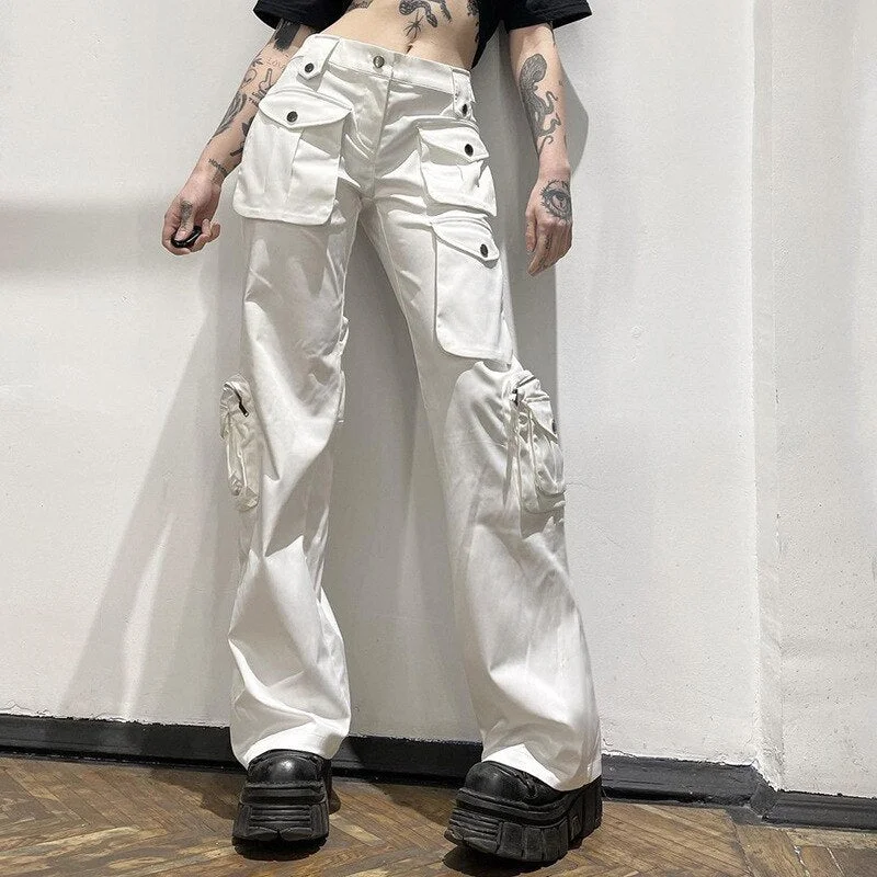 Peneran back to school White Loose Cargo Pants Women Pockets Zipper Denim Pants Y2k Baggy Streetwear Y2K Fashion Solid Low Waist Hip Hop Wide Leg Jeans