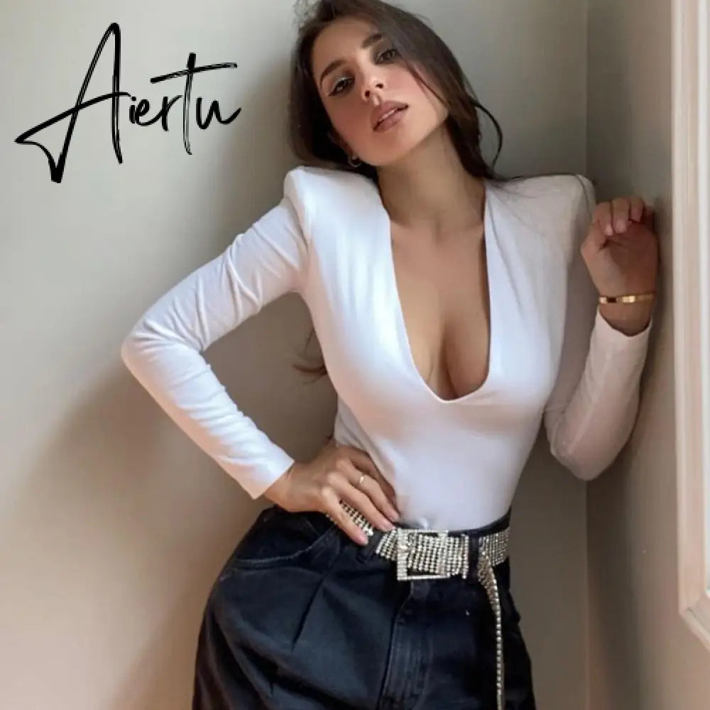 Aiertu Long Sleeve Solid V-Neck Shoulder  Pads Skinny Bodysuit  Autumn Winter Women Fashion Sexy Streetwear Casual Romper Aiertu