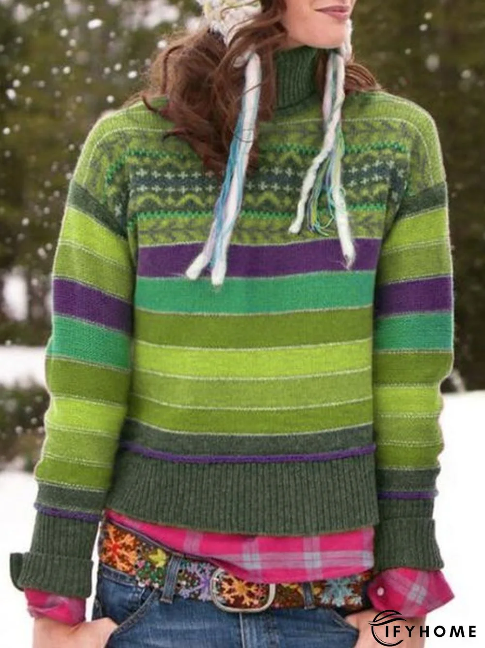 Long Sleeve Turtleneck Striped Sweater | IFYHOME