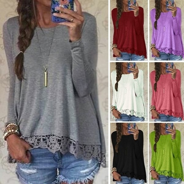 Women Crew Neck Long Sleeve Lace Crochet Casual Loose Tops Shirt Blouse - Shop Trendy Women's Fashion | TeeYours