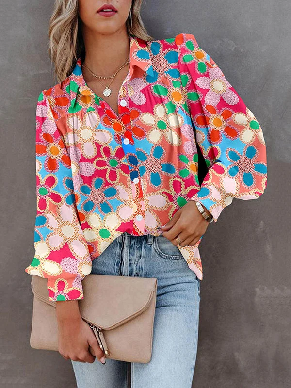 Buttoned Flower Print Bishop Sleeve Long Sleeves Lapel Blouses&Shirts Tops