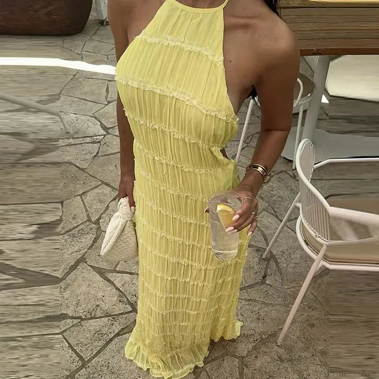 Halter Pleated Boho Vacation Dress