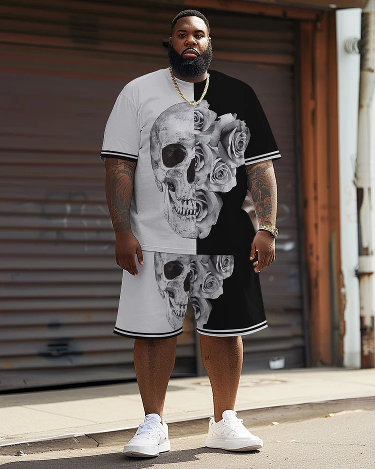 Men's Plus Size Street Casual Skull Colorblock Print T-Shirt Shorts Suit
