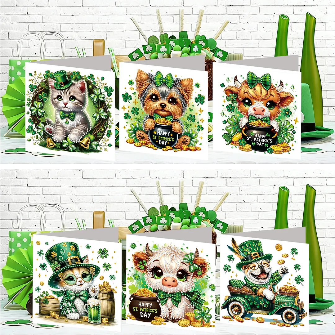 6Pcs St.Patrick Day Animals DIY Diamond Painting Greeting Card Set with Envelopes Diamond Art Handmade Cards for Beginner Adult Holiday Gifts