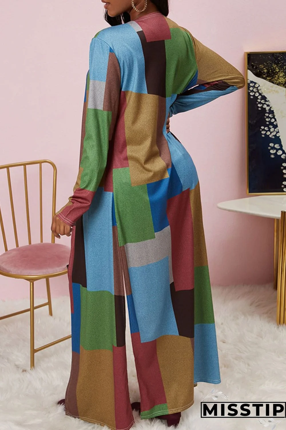 Black And White Casual Geometric Print Patchwork Plus Size Overcoat