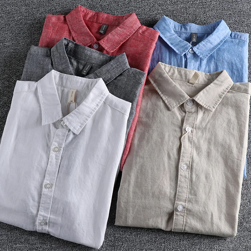All-match Thin Solid Color Washed Linen Breathable Short-sleeved Vacation Shirt