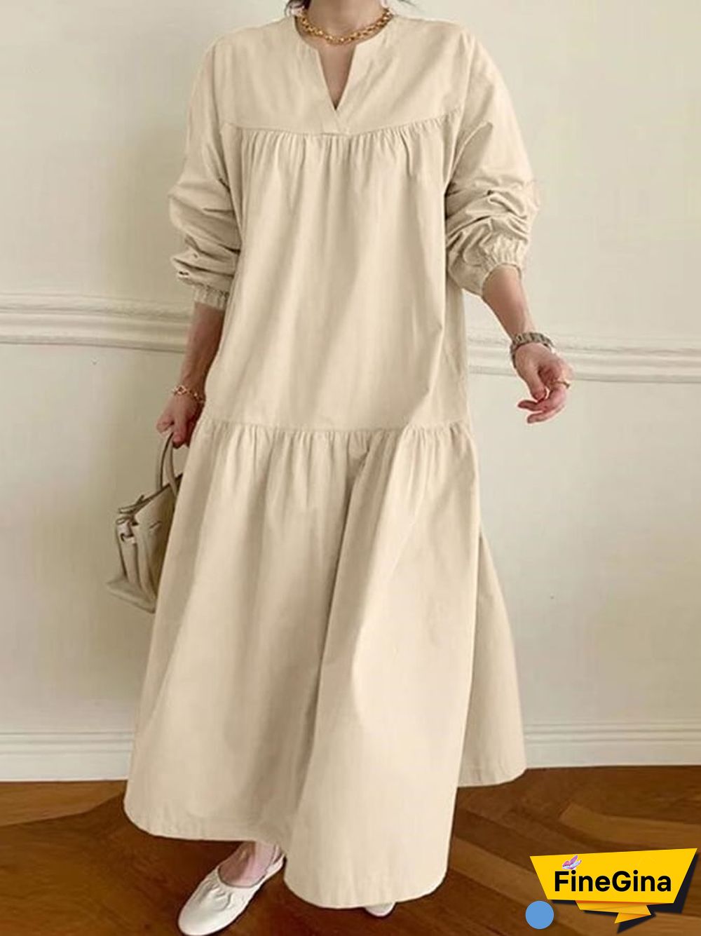 V-neck Loose Fitting Solid Color Dress