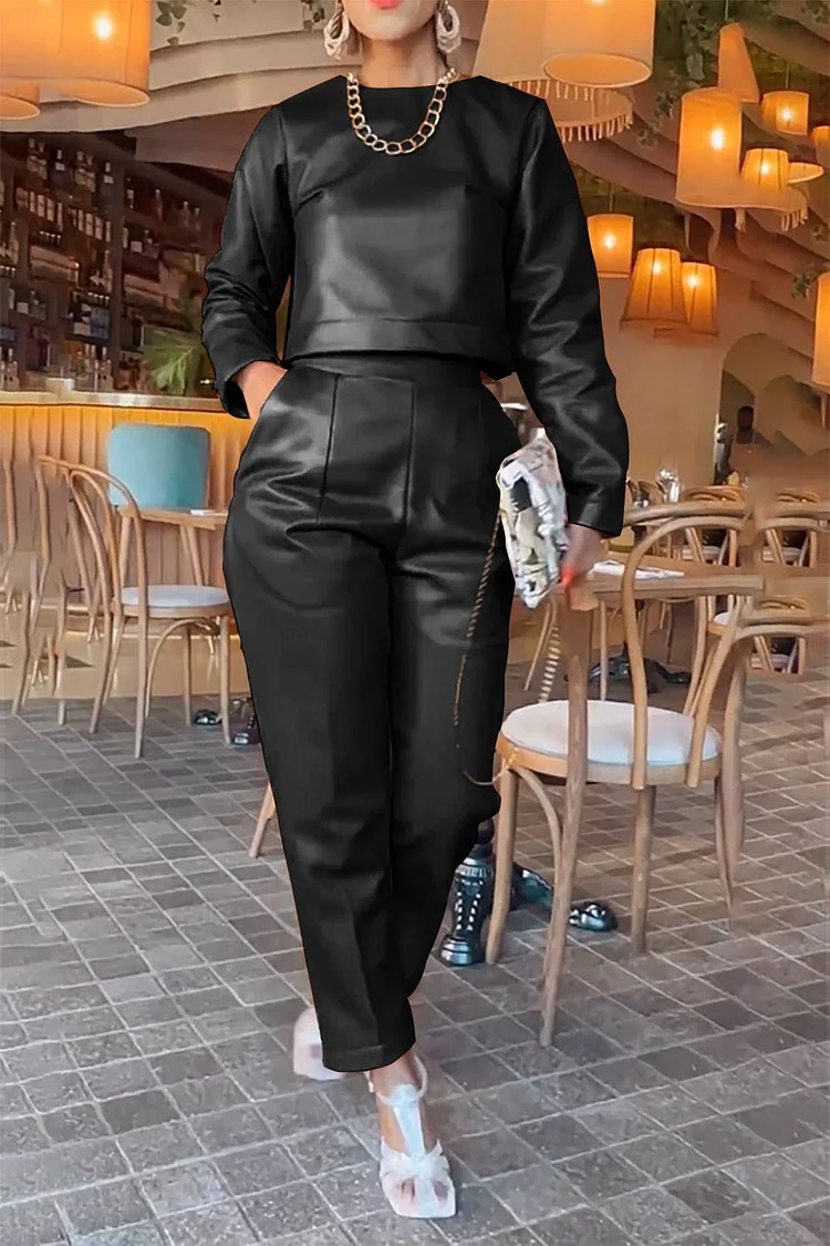 Plus Size Business Casual Pant Set Black Solid PU Leather Long Sleeve Two Piece Pant Set 