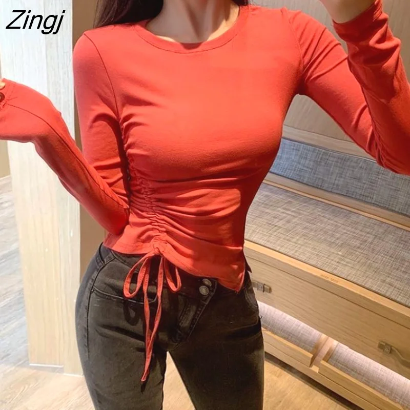 Zingj Sleeve T-shirts Women Solid Slim Shirring Crop Tops Sexy Elegant Basic All-match Korean Style Casual Streetwear Fashion Ins