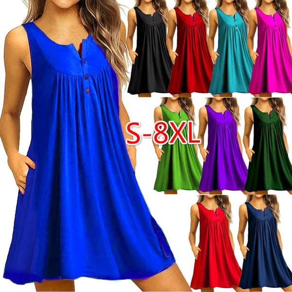 COMENII New Women Summer Casual Tunic Tank Top Dress Loose Beach Wear Sexy V-neck Off Shoulder Party Dresses Sleeveless A-line Ruffles Pockets T-Shirt Dresses Ladies Fashion Cotton Solid Color Button Plus Size Dress - Life is Beautiful for You - SheChoic