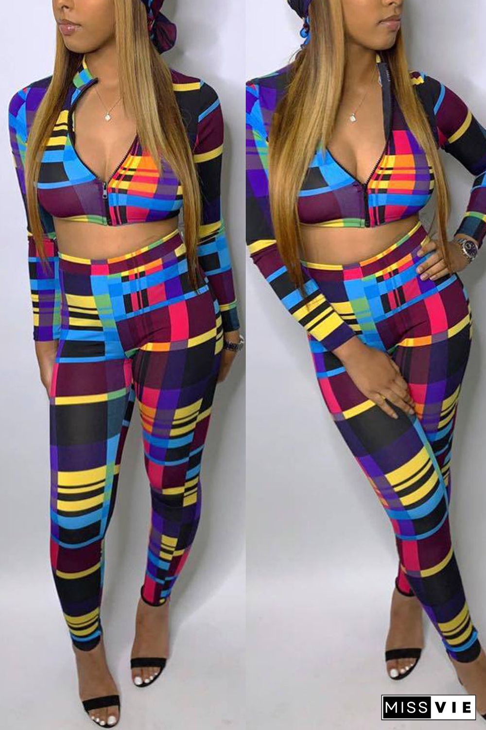 Fashion Sexy Print Basic Zipper Collar Long Sleeve Two Pieces