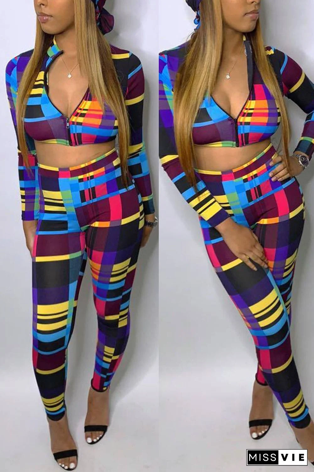 Fashion Sexy Print Basic Zipper Collar Long Sleeve Two Pieces