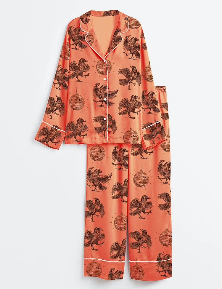 Women&rsquo;s Murder on the Dance Local Murder Vintage Raven Witchy Crow Dark Academia Trendy Long Sleeve Satin Pajama Set