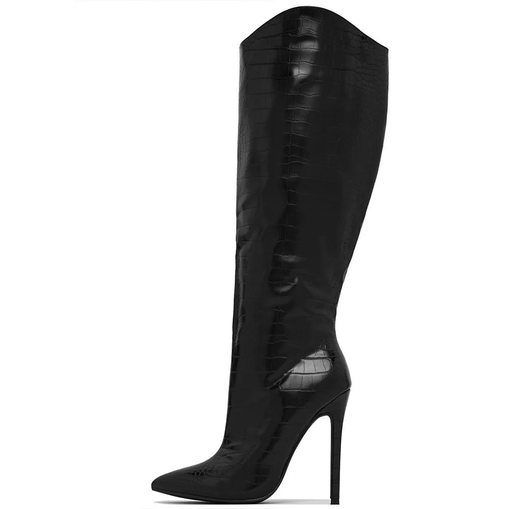 Black Crocodile Skin Leather Pointed Toe Knee High Boots Nicepairs