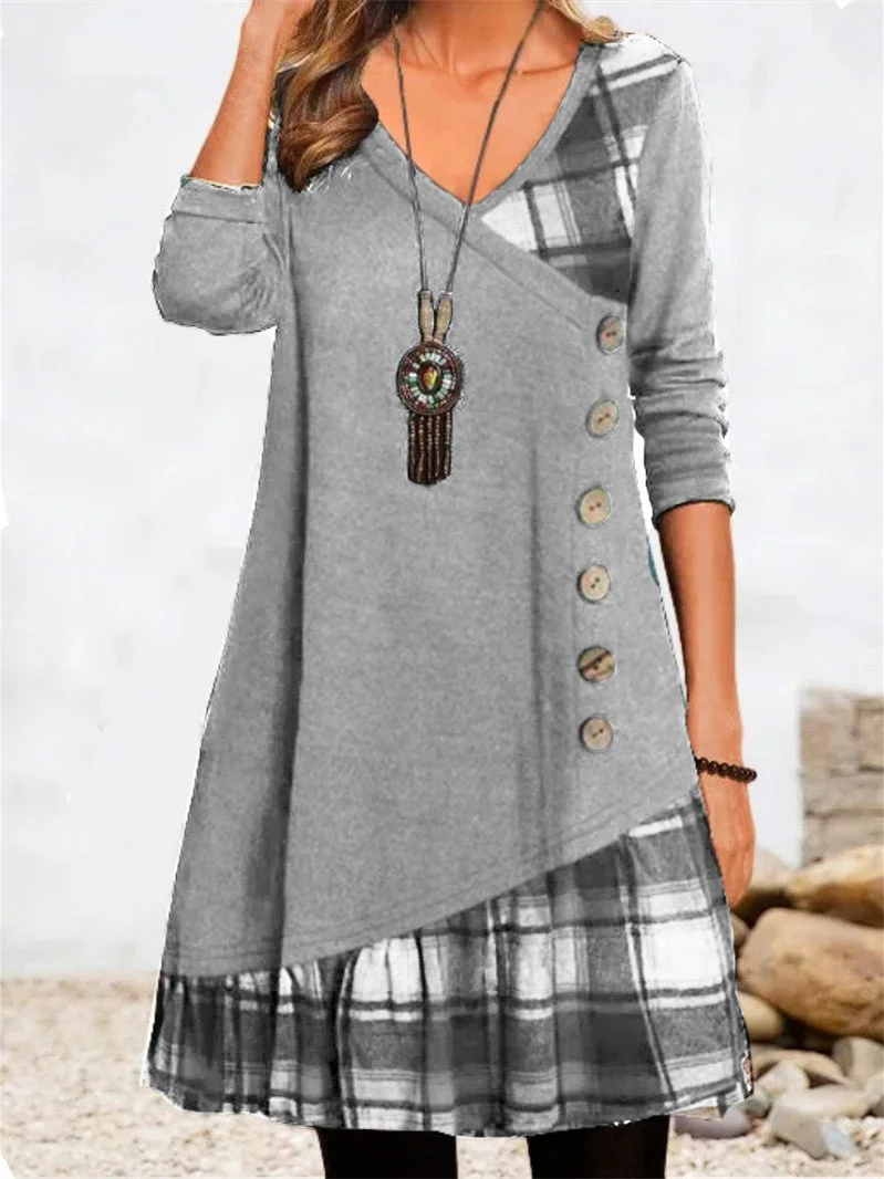 Women plus size clothing Women Long Sleeve Scoop Neck Plaid Graphic Button Midi Dress-Nordswear