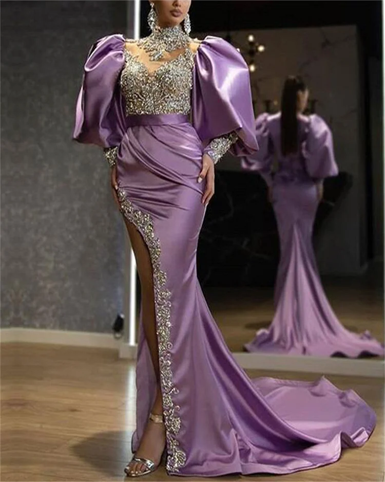 Women's Purple Lantern Sleeve Evening Dress ​