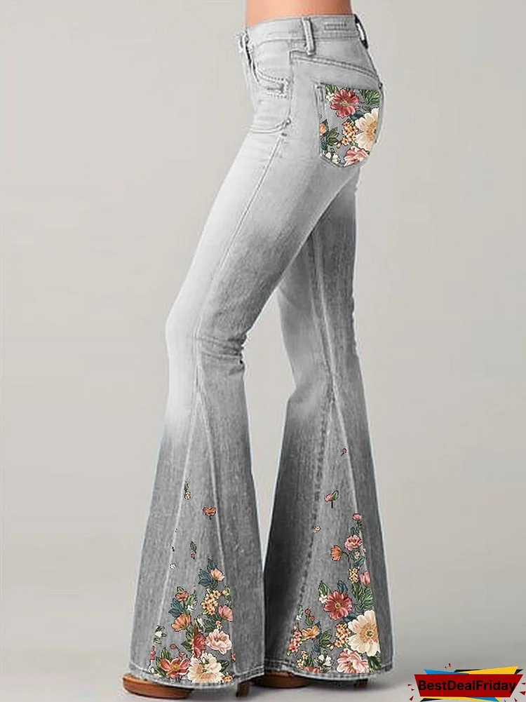 New High Waist Flared Jeans Spliced Fringe Hem Long Pants Lace/Floral Printed Patchwork Bell-Bottom Pants Women Trousers Denim Pants