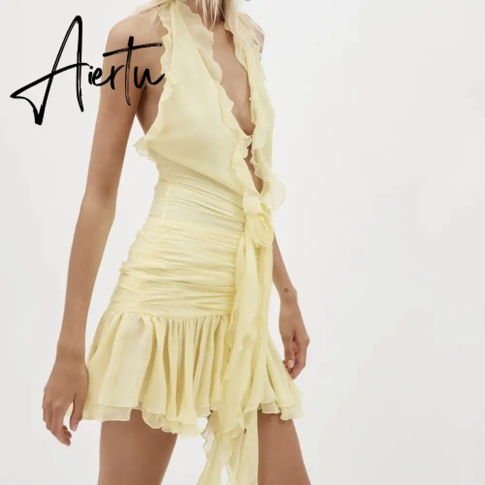 3D Flower Patchwork Mini Dress for Women Halter Tie-up Off Shoulder Backless Ruched Summer Dress Tassel Aiertu