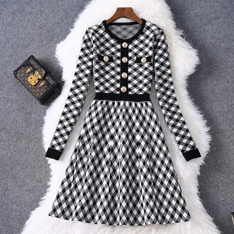 2023 New Spring Knitted Sweater Dress Women Button Up Korean Fashion Vintage Plaid Blue Black Mini Dress Robe Femme Vestidos