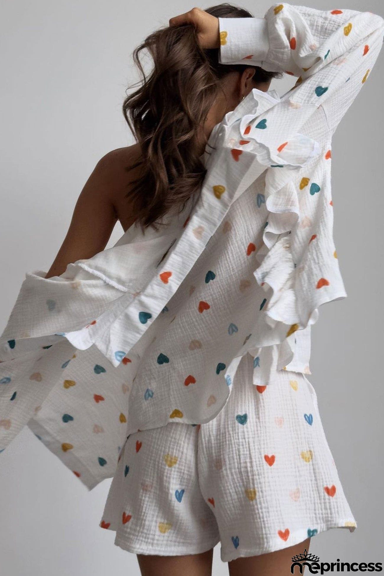 Heart Print Ruffle Long Sleeve Shirt Two Piece Shorts Set