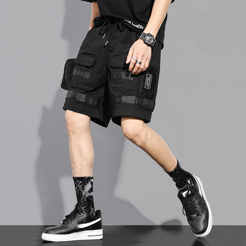Workwear shorts male ins summer ice silk cool five-point pants hip-hop velcro multi-bag casual five-point pants