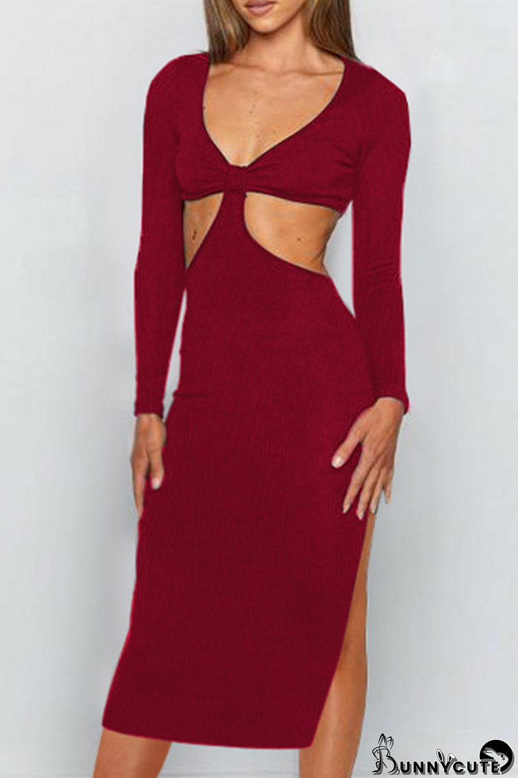 Elegant Solid Hollowed Out Backless Slit V Neck Pencil Skirt Dresses