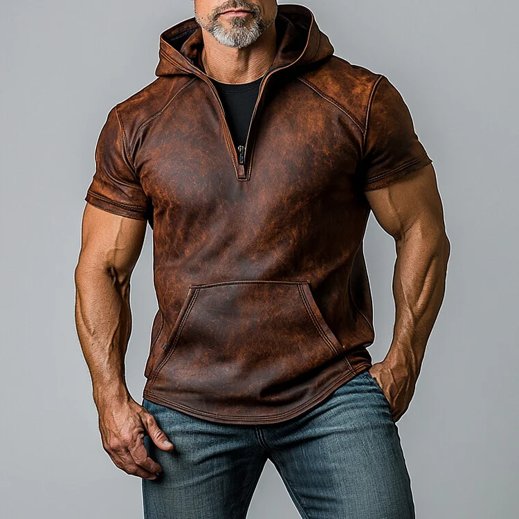 Men's Distressed PU Leather Half Zipper Pocket Short Sleeve Hoodie