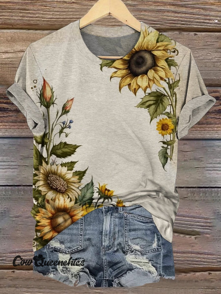 Vintage Sunflower Print Casual Short Sleeve Top Multicolor / S