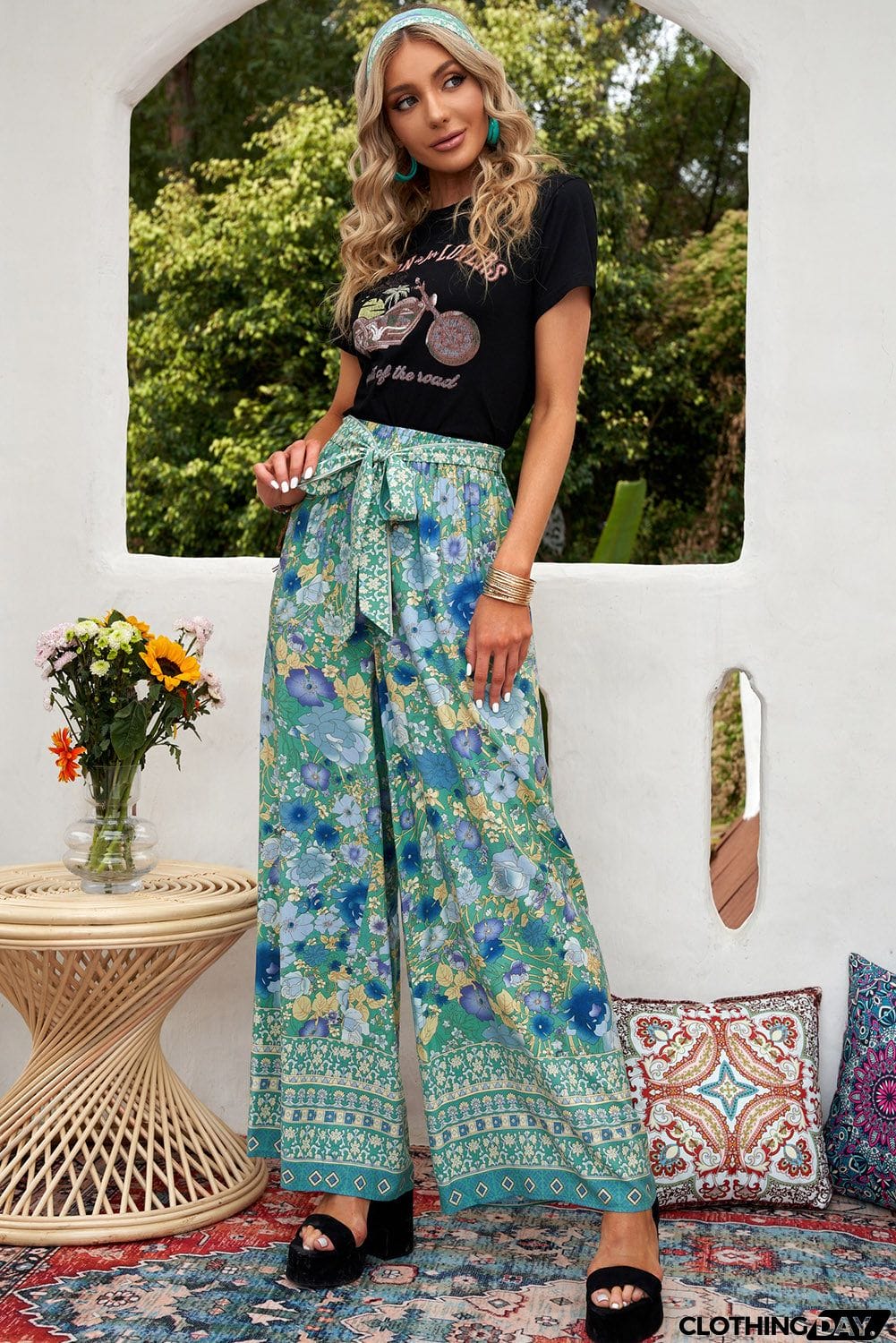 Green Floral Wide Leg Boho Pants