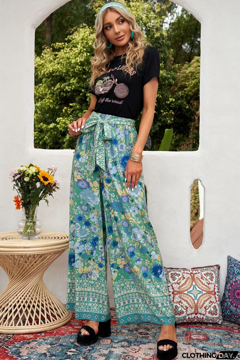 Green Floral Wide Leg Boho Pants
