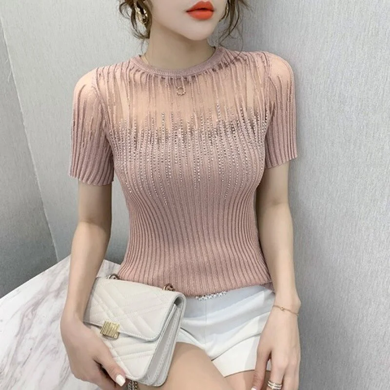 Cartoonh Knit Tshirt 2021 Korean Short Sleeve Elastic Tee Transparent Slim Women Tops Ropa Mujer O Neck Sexy Diamond T-shirt 10059