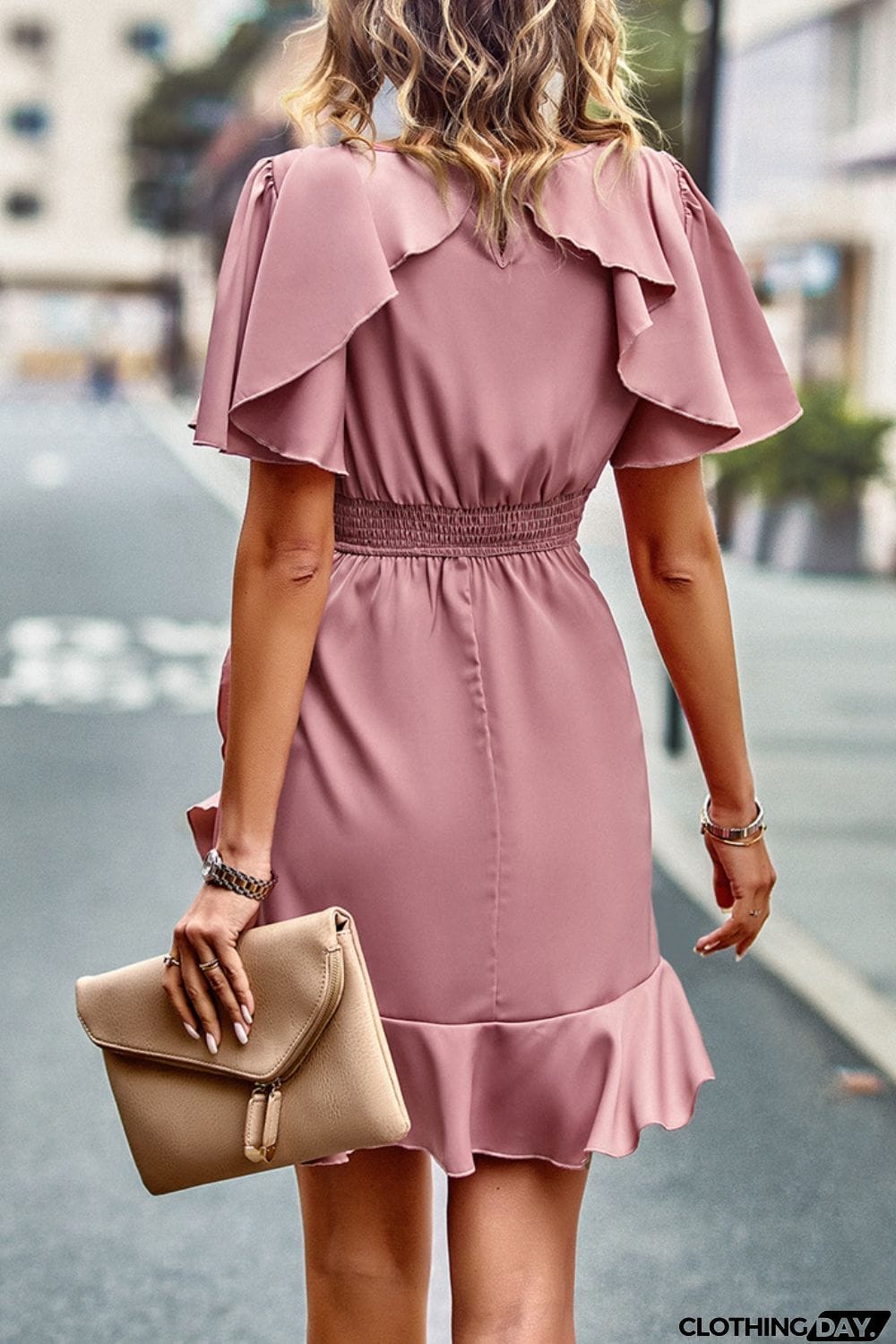 Round Neck Flutter Sleeve Ruffled Dress
