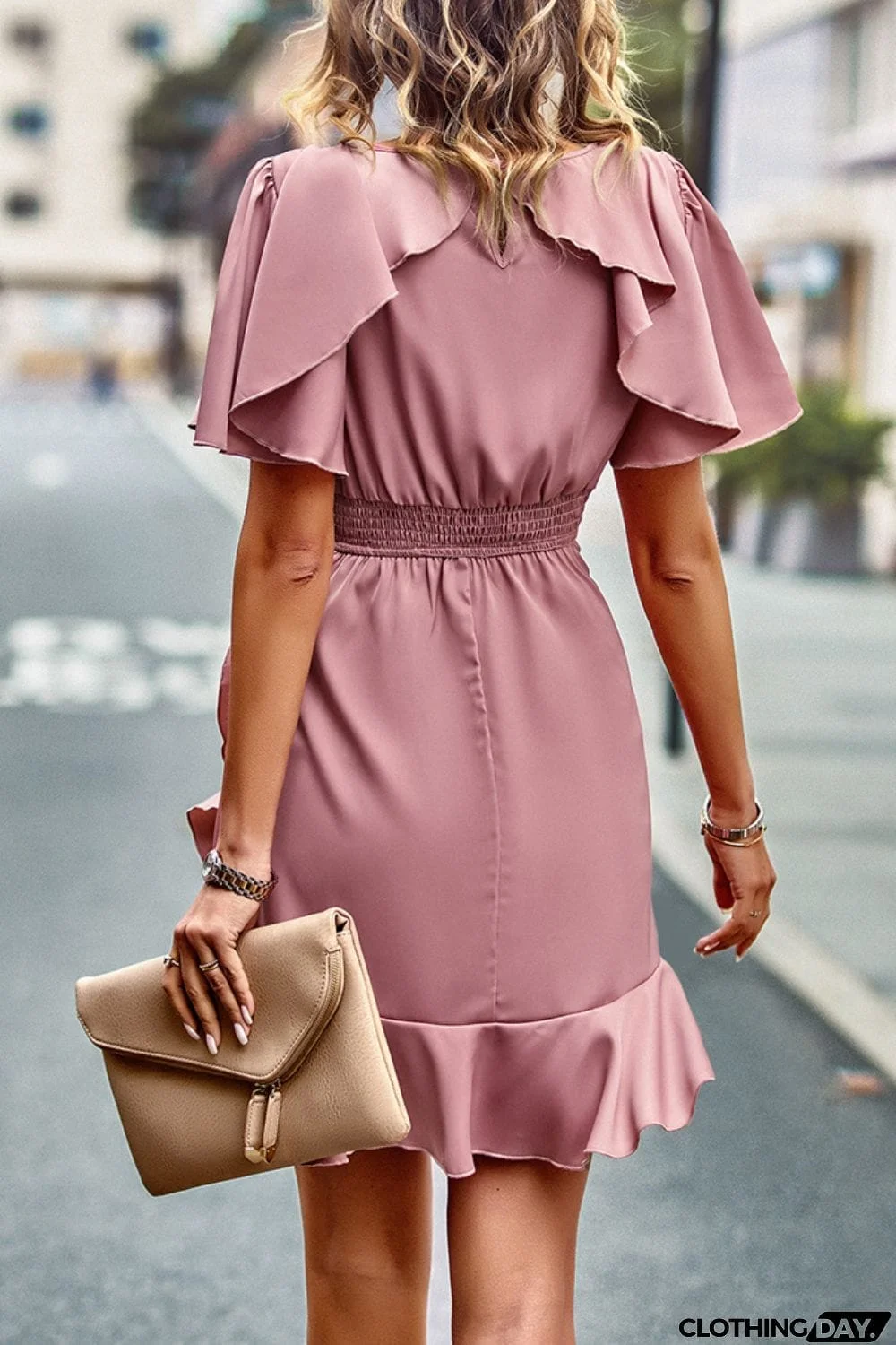 Round Neck Flutter Sleeve Ruffled Dress