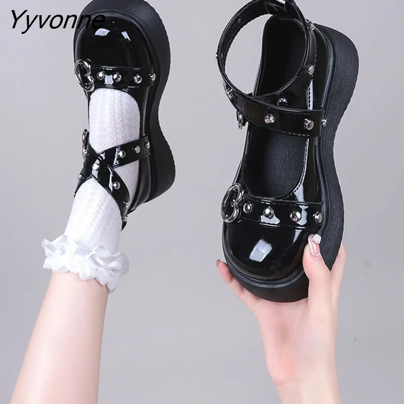 Yyvonne Janes Shoes Women Lolita Shoes Heart Buckle Cross-tied Platform Shoes Patent Leather Girls Shoes Rivet Casual Shoes Woman