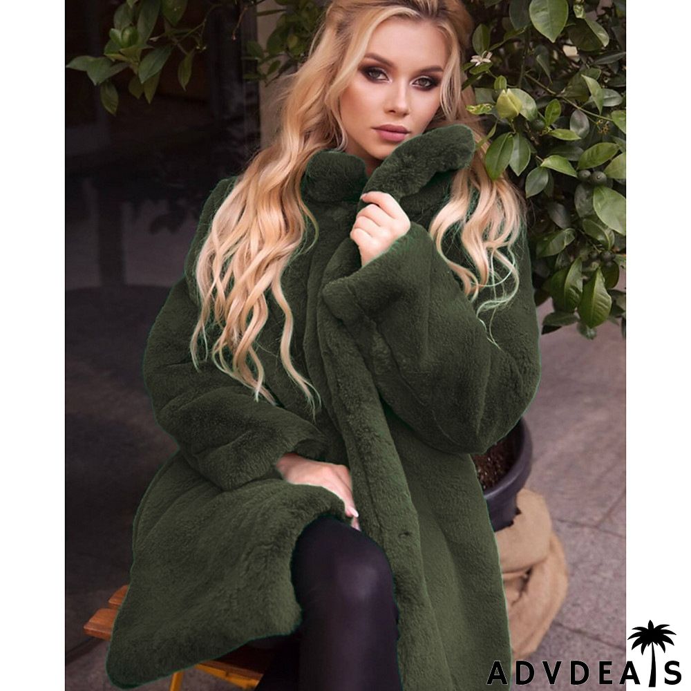 Plus Size Winter Women Standing Collar Imitation Rabbit Furplush Mid-Length Solid Color Over Coat