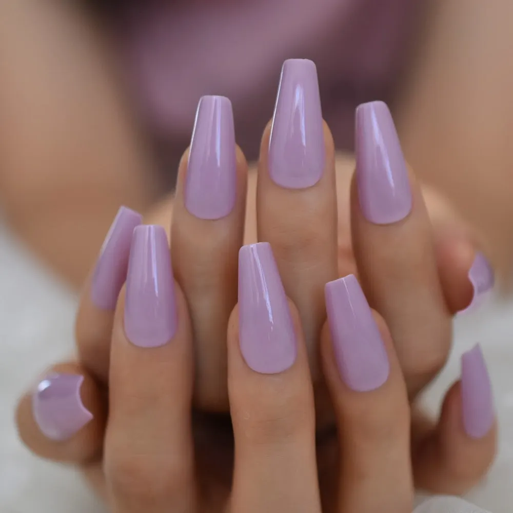 EchiQ Glossy Coffin Fake Nails Pink Long Size Thick Faux Ongles Ballerina Press On Nails Reuseable Square Manicure Tips 24-Nail Inspo