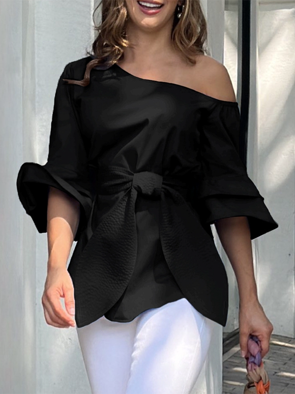 Flared Sleeves Asymmetric Knot Solid Color One-shoulder Blouses&shirts Tops