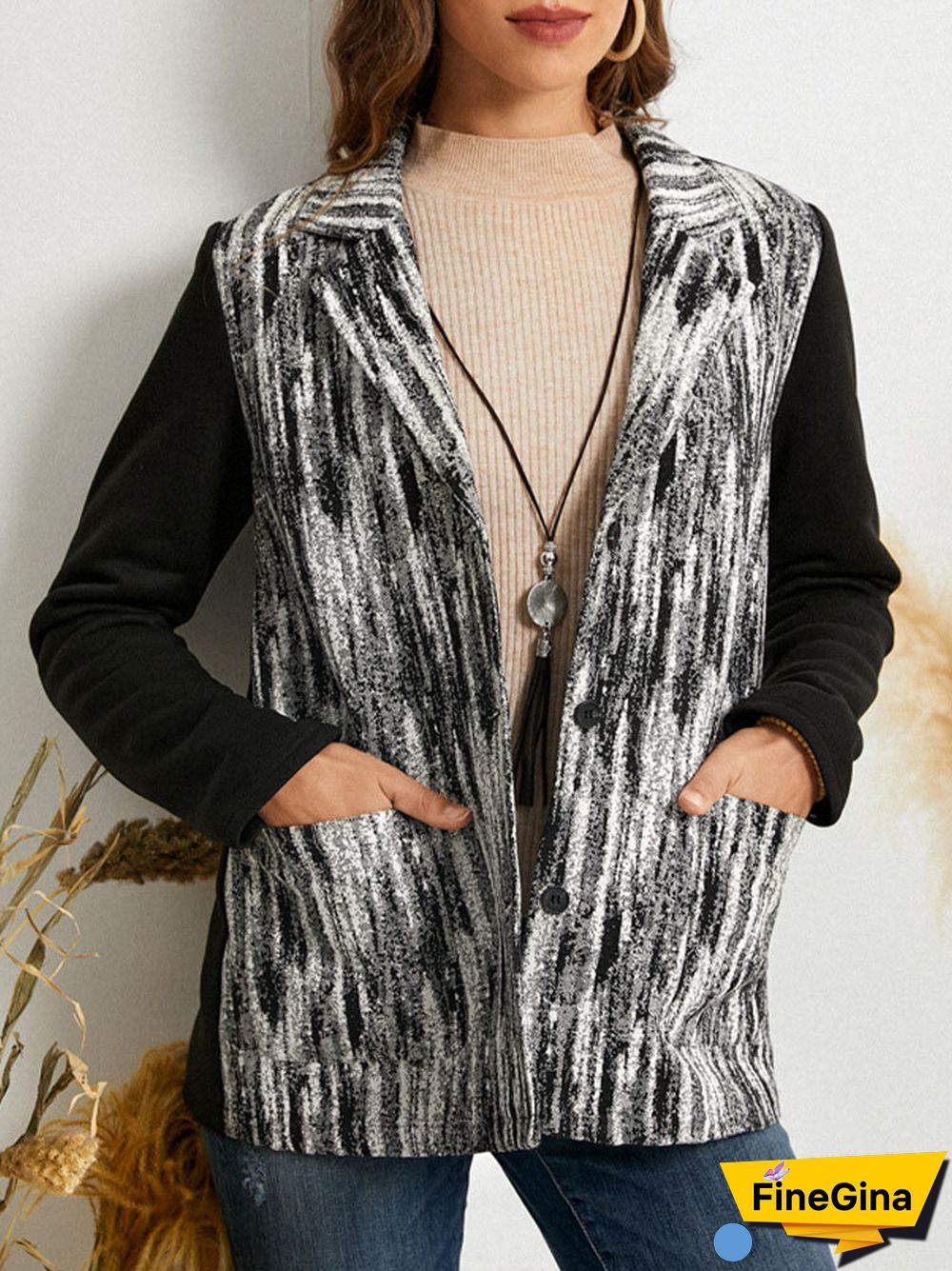 Vintage Print Pocket Button Lapel Long Sleeve Jacket