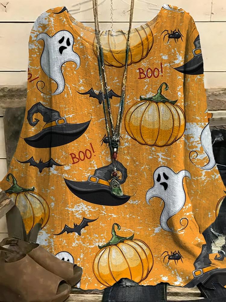 Women's Halloween Pumpkin Witch Hat Ghost Boo Printed Half Sleeve T-Shirt