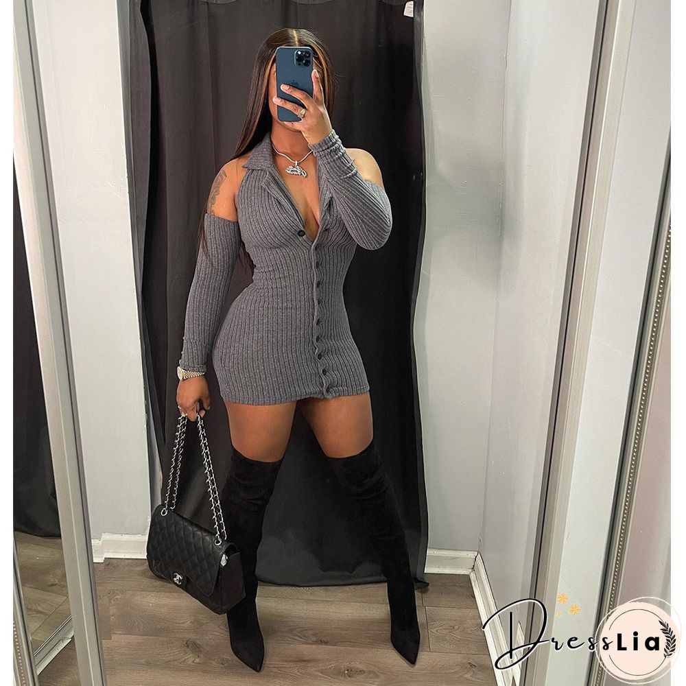 Autumn Ribbed Long Sleeve Lapel Bodycon Mini Dress