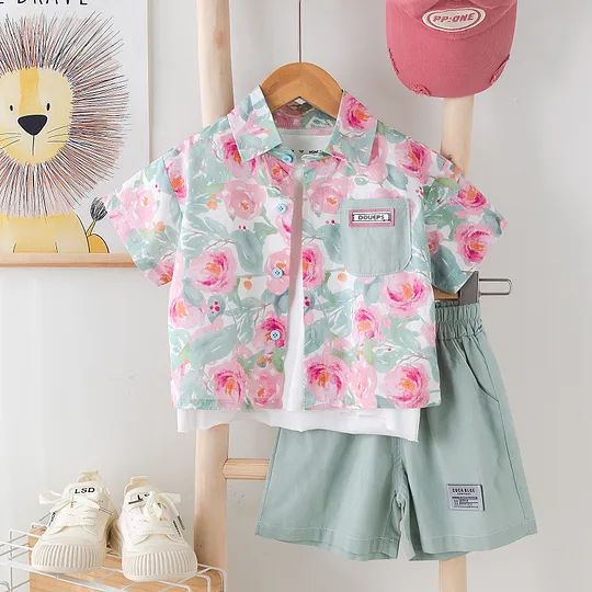 【12M-5Y】Unisex Fashionable Floral Shirt & Shorts Set – Vacation Style