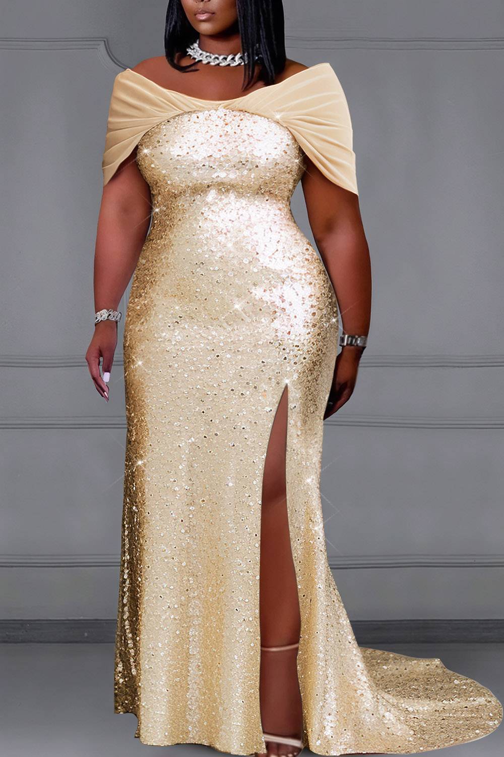 Xpluswear Design Plus Size Prom Tulle Gold Off The Shoulder Split Elegant Contrast Sequin Maxi Dresses [Pre-Order]