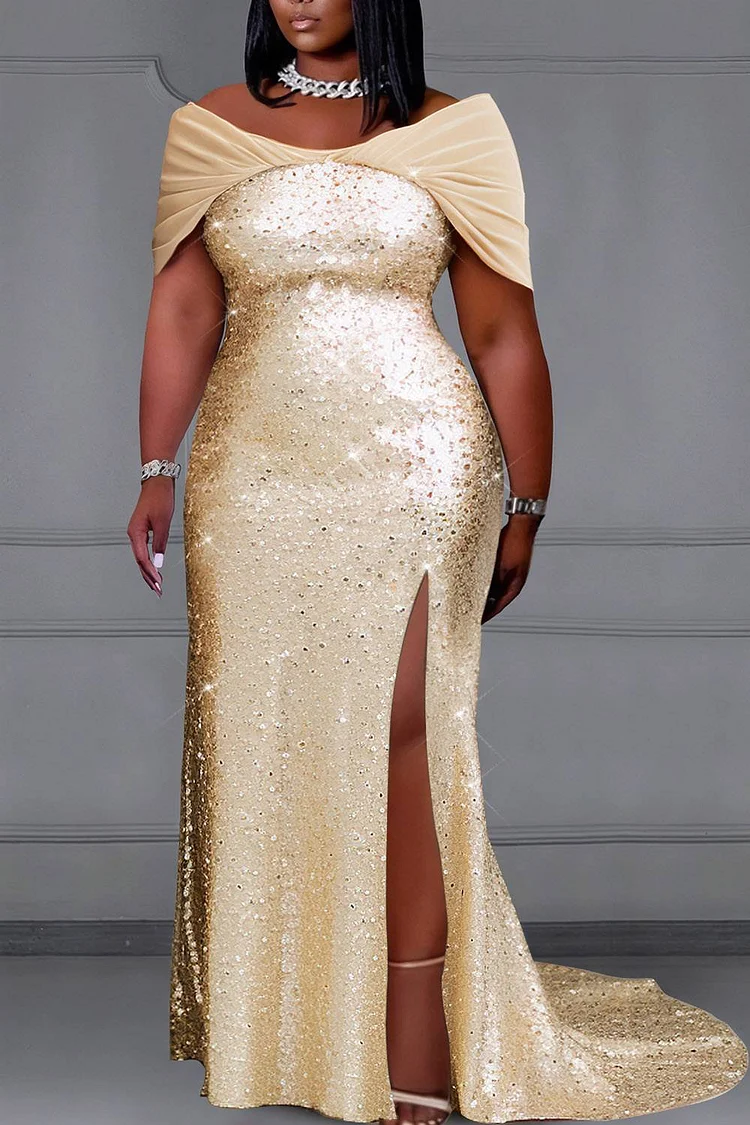 Xpluswear Design Plus Size Prom Tulle Gold Off The Shoulder Split Elegant Contrast Sequin Maxi Dresses [Pre-Order]