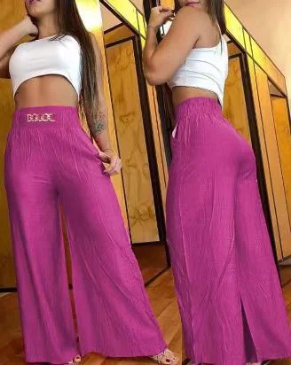 Wongn Wongn Solid Color Wide Leg High Waist Trousers Loose Show Thin Metal Bell-Bottom Trousers Can Be Colored